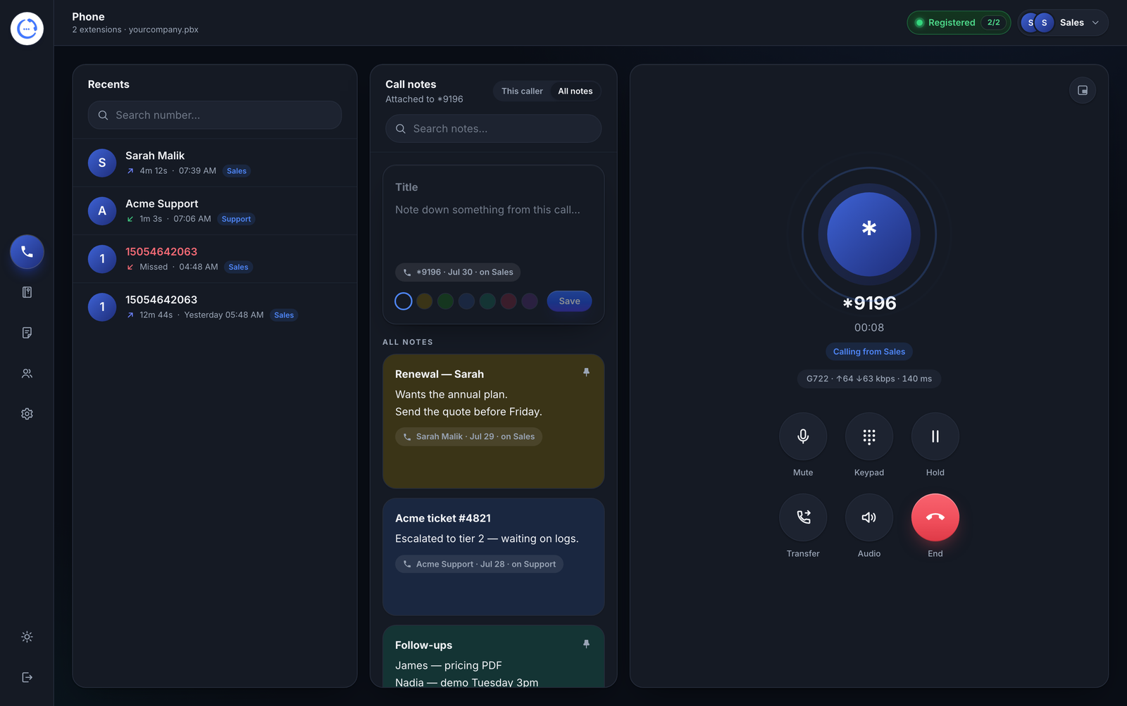 OctaSIP web dashboard showing recent calls, caller notes, and live call controls