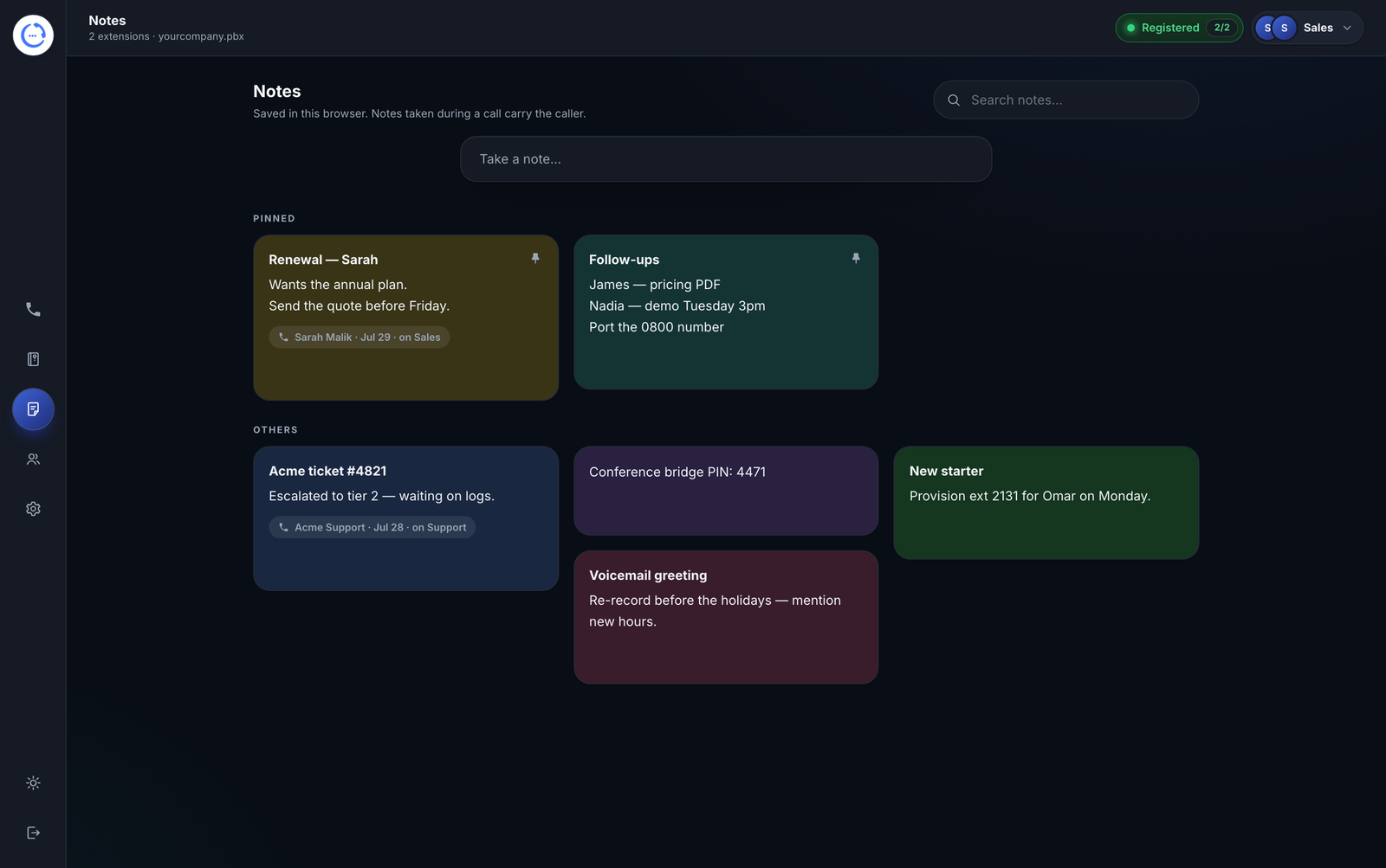 Caller notes organized as searchable cards